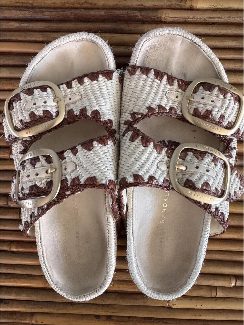Loeffler Randall White and Brown Woven Buckle Sandals